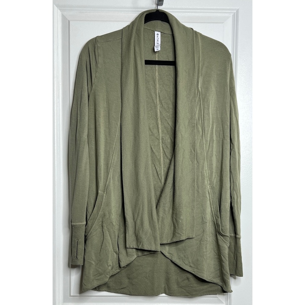Athleta Pranayama Wrap Olive Green Open Front Cardigan Thumbholes XS Pockets